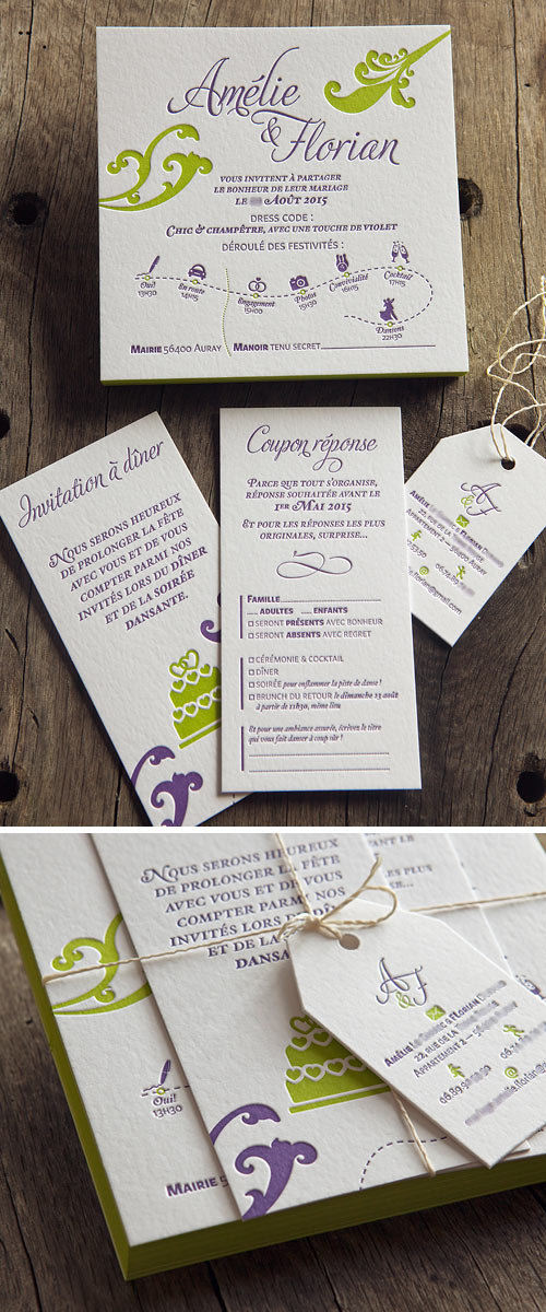 Suite faire-part mariage champêtre letterpress 2 couleurs // letterpress wedding suite in 2 colors